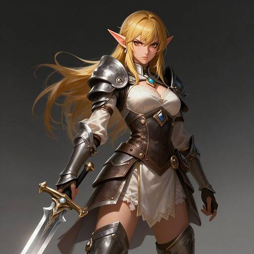 Digital artwork of a fierce, blonde, elf warrior with pointed ears, wearing black armor, a white dress, and holding a sword. Dark gradient background