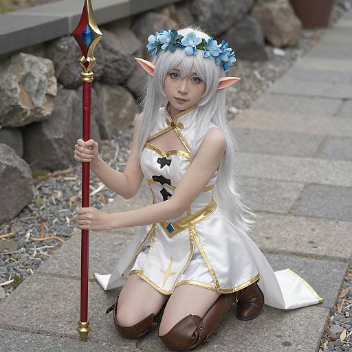 Elf Girl with Red Staff and Flower Crown