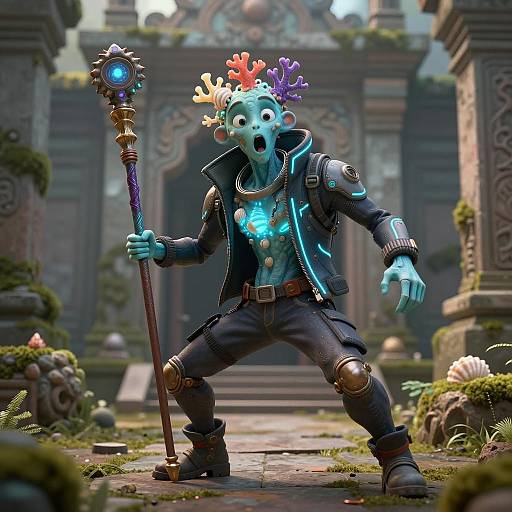 Neon Scholar in Ancient Coral Temple