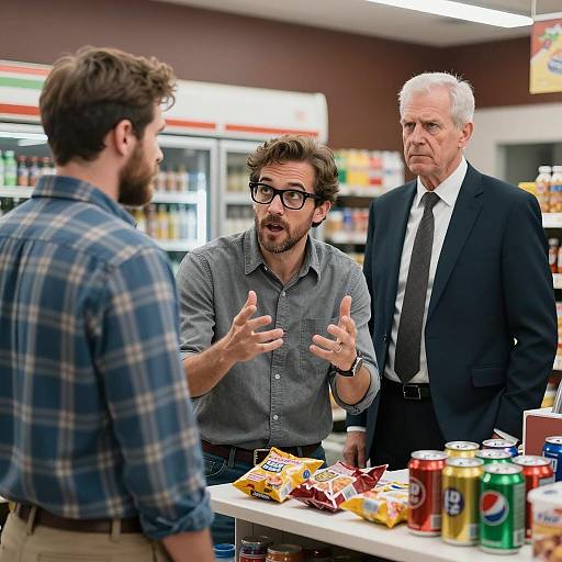 Three Men Discussing in Convenience Store