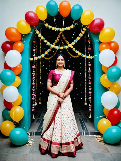 Woman in Traditional Saree at Balloon Arch