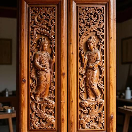 Photograph of intricately carved wooden panel with two standing, detailed figures in traditional attire, surrounded by ornate floral and dragon patterns. Warm, rich