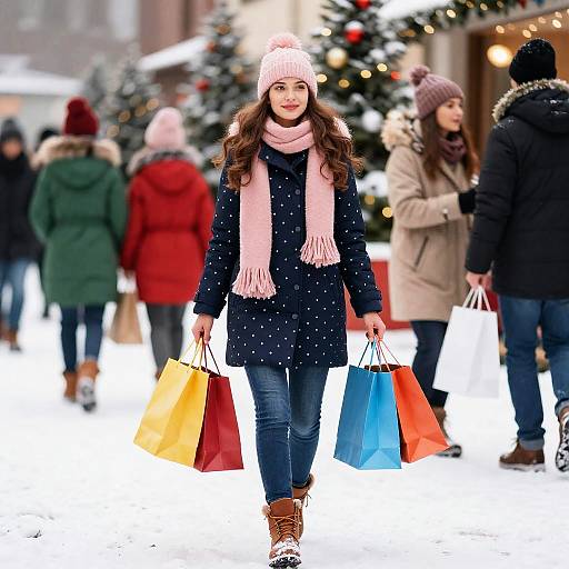 Festive Winter Scene with Smiling Woman