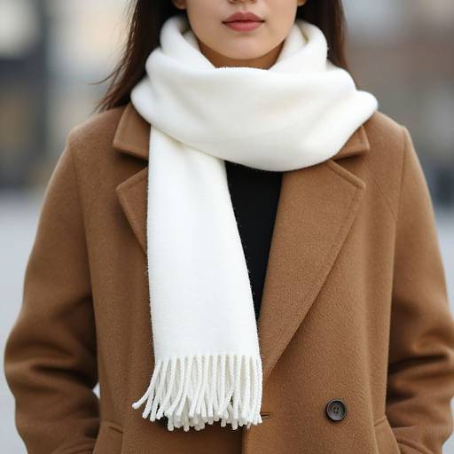 Photograph of an Asian woman with medium skin tone, wearing a brown wool coat, white scarf, and black top, with blurred urban background.