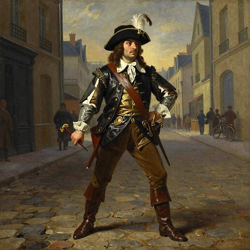 18th-century oil painting of a confident, mustachioed man in colonial military attire with feathered hat, holding sword, standing on cobble