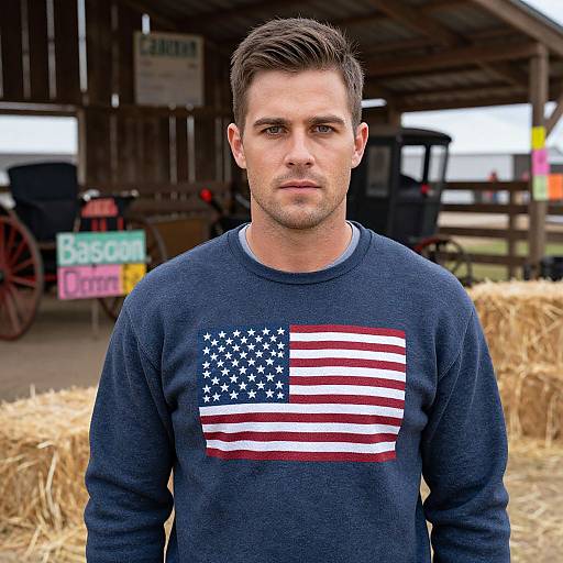 Photograph of a serious white man with short brown hair wearing a navy sweater with a large American flag graphic, standing in front of a rustic barn with