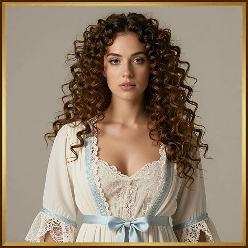 Photograph of a young woman with long, curly brown hair, wearing a white lace-trimmed dress with blue ribbon, against a plain gray background