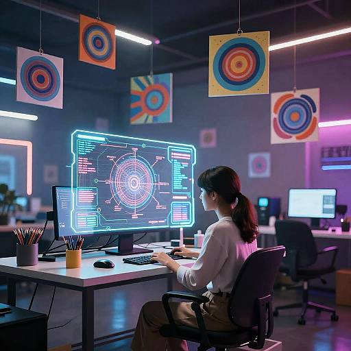 Photograph of a woman with dark hair in a ponytail, wearing a white shirt, working at a desk with a glowing neon computer screen, surrounded