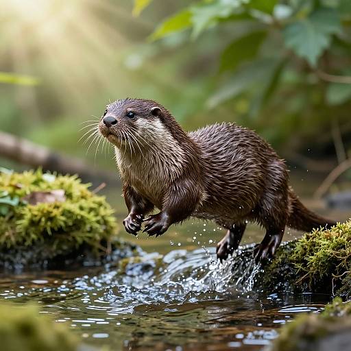 Energetic Otter Mid-Leap Over Stream