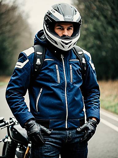 Motorcyclist in Helmet and Blue Jacket Outdoors