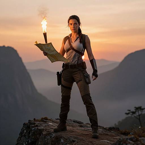 Photorealistic CGI of a muscular, dark-haired woman with a torch, map, and holster, standing on a mountain peak at sunset.