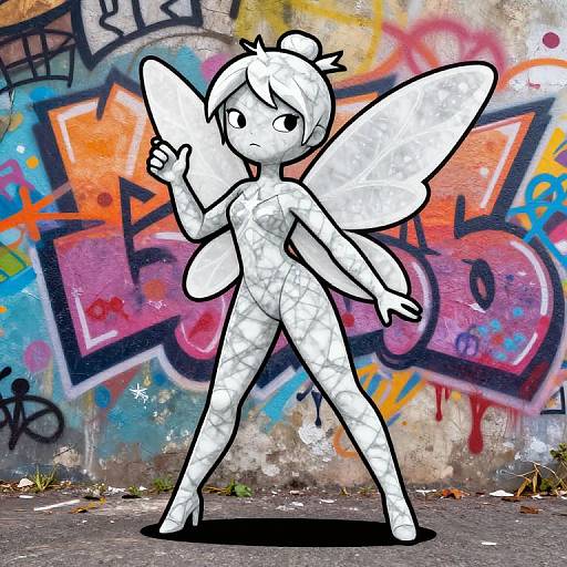 Black-and-white cartoon fairy silhouette with transparent overlay, standing against colorful graffiti wall; holding a paddle, urban street art style.