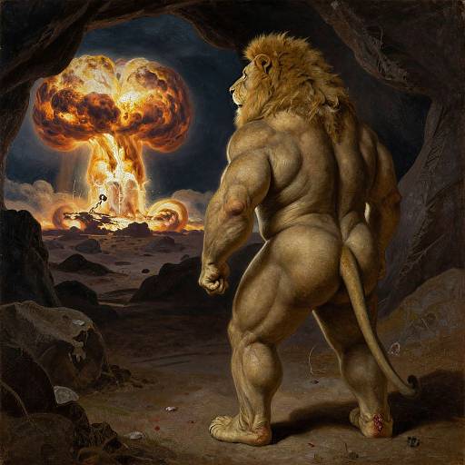 Muscular Lion Hunter Witnessing Nuclear Blast