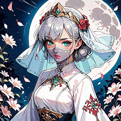Anime Style Silver-Haired Woman with Veil under Blood Moon