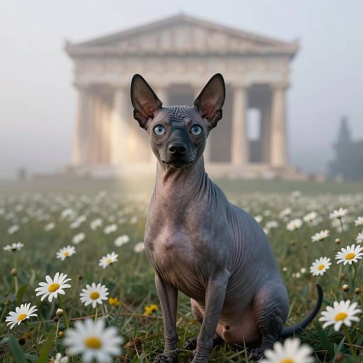 Hairless Dog Sitting in Daisy Meadow with Greek Temple