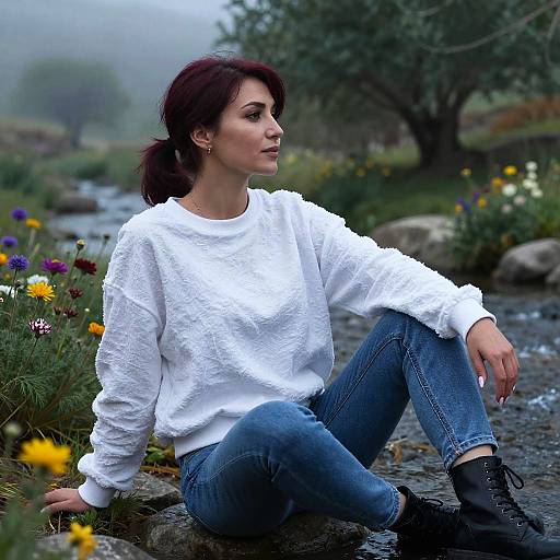 Photograph of a red-haired woman in a white textured sweater, blue jeans, and black boots, sitting by a rocky stream with colorful wildflowers and