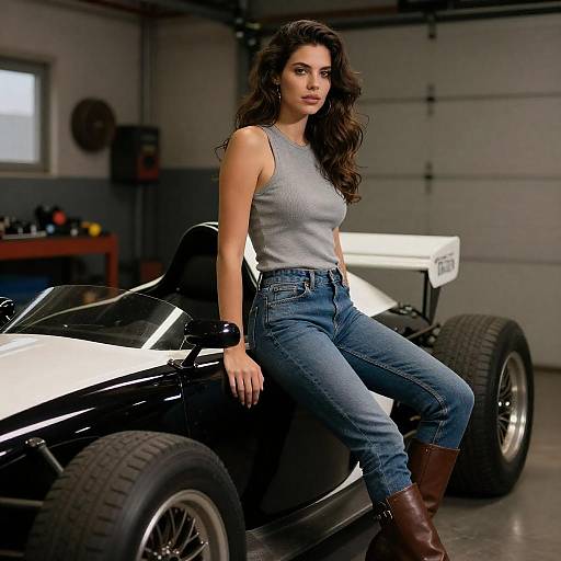 Confident Woman Leaning on Race Car