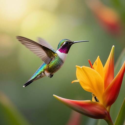 Photograph of a vibrant hummingbird with iridescent green and purple feathers, hovering near a bright yellow and red bird of paradise flower against a blurred