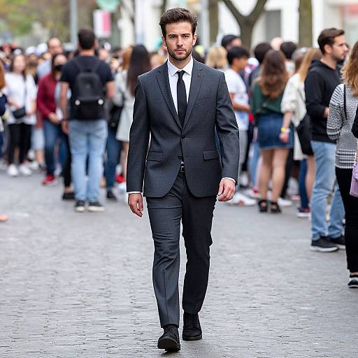Photograph of a handsome, bearded man in a dark gray suit and white shirt walking confidently through a crowded, urban street.