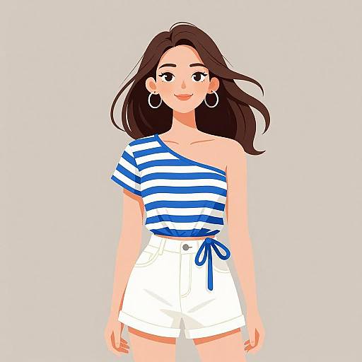Digital illustration of a smiling woman with long brown hair, wearing a blue and white striped off-shoulder top, white shorts with a blue bow,