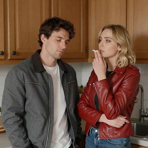 Intimate Moment in a Wooden Kitchen