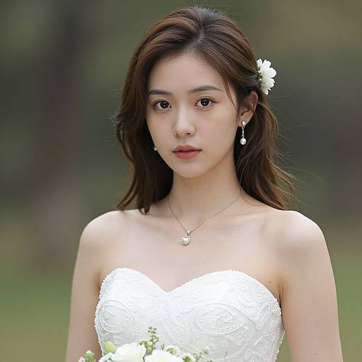 Photograph of an Asian woman with long brown hair, wearing a white, lace strapless wedding dress, holding a white flower bouquet, with a blurred
