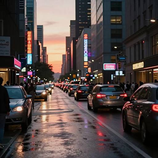 Photograph of a busy urban street at sunset, with cars lined up, neon signs illuminating the wet pavement, and tall buildings flanking both sides