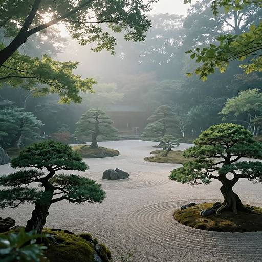 Photograph of a serene Japanese garden with tranquil water ripples, meticulously pruned pine trees, and misty morning light filtering through lush greenery.