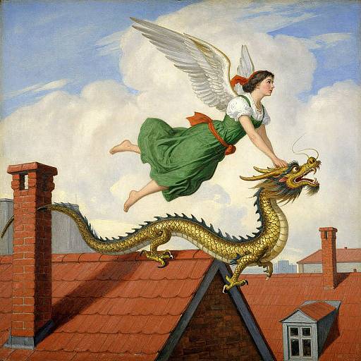 Colorful illustration of a winged, green-dressed woman riding a golden dragon over red-roofed rooftops with a bright blue sky background.