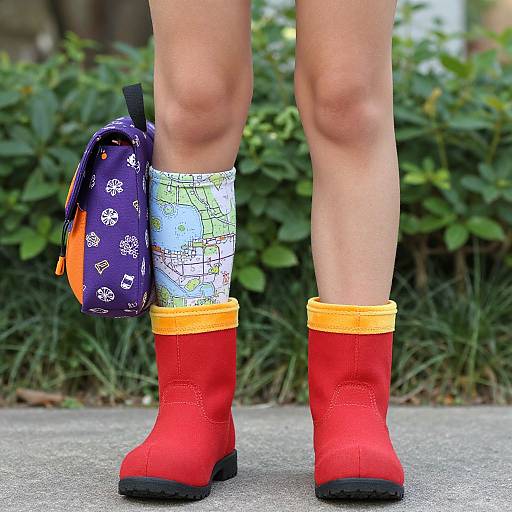Photograph of legs wearing bright red rubber boots with yellow cuffs, white and blue patterned socks, and a purple bag with orange and white patterns hanging