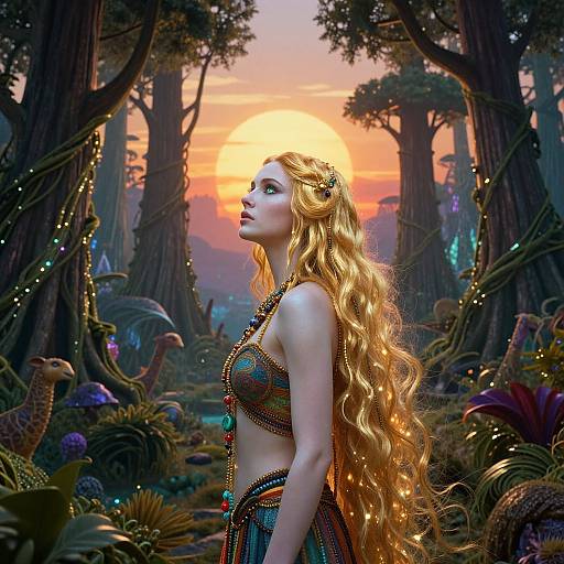 Fantasy forest sunset photograph: Long-haired, blonde woman in colorful, beaded tribal attire, surrounded by glowing flora, large trees, and a vibrant