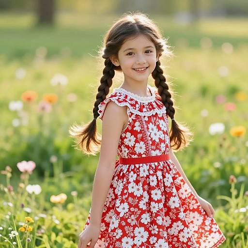 Joyful Girl in Floral Meadow Dress