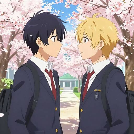 Anime-style drawing of two male schoolboys with black and blonde hair, wearing dark blazers and red ties, facing each other under cherry blossoms.