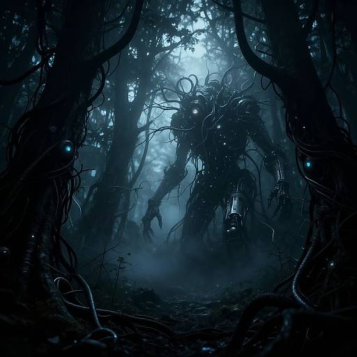 Digital artwork: Dark, eerie forest with glowing blue eyes and twisted, shadowy creatures with tendrils in the misty, moonlit background.