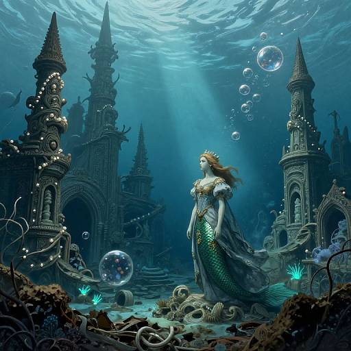 Digital art: Mermaid with golden hair and green scales in underwater ruins, surrounded by glowing blue bubbles and skeletal remains, with two gothic spires