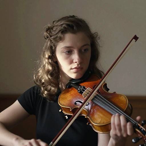 Photograph of a young woman with wavy brown hair, wearing a black shirt, playing a violin with focused expression in a dimly lit room.