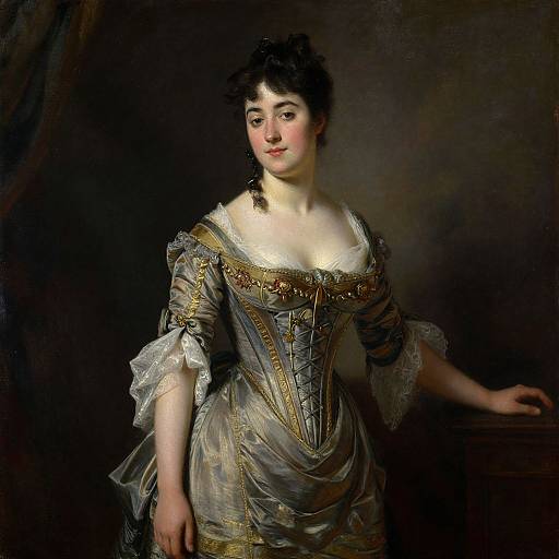 Oil painting of a 19th-century woman with pale skin, dark hair, and a corseted, lace-trimmed gown, standing against