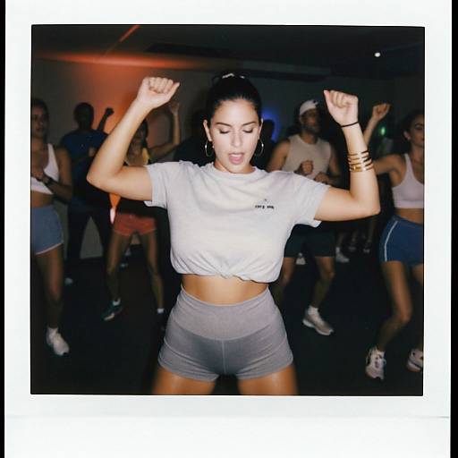 Photograph of a woman with dark hair in a ponytail, white crop top, and gray shorts, dancing energetically with arms raised in a