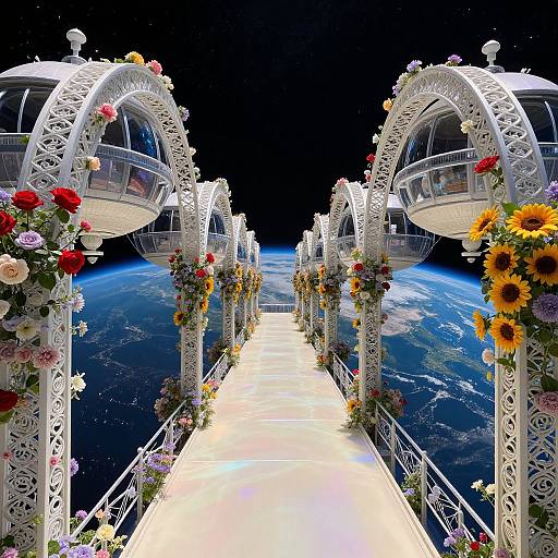 Photorealistic CGI image of a white, ornate floral archway bridge connecting two space stations, with Earth below and stars above.