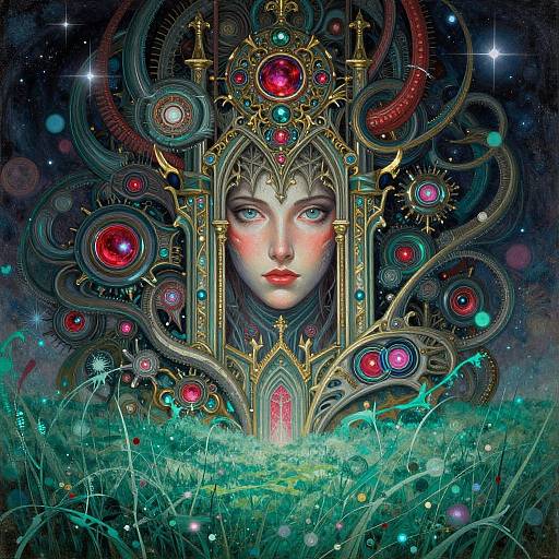 Digital fantasy artwork of a fair-skinned, blue-eyed woman with an elaborate golden crown, surrounded by vibrant, swirling, gemstone-filled tendrils,