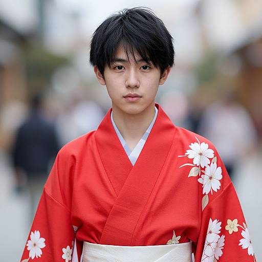 Photograph of an Asian man with black hair wearing a red floral kimono, standing in a blurred urban street background.