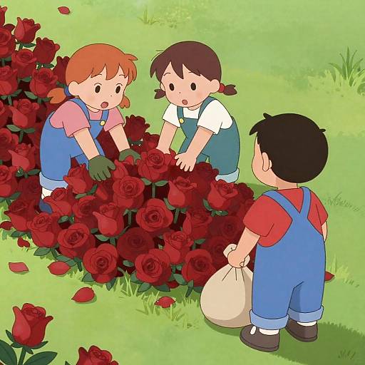 Children Digging in a Rose Garden