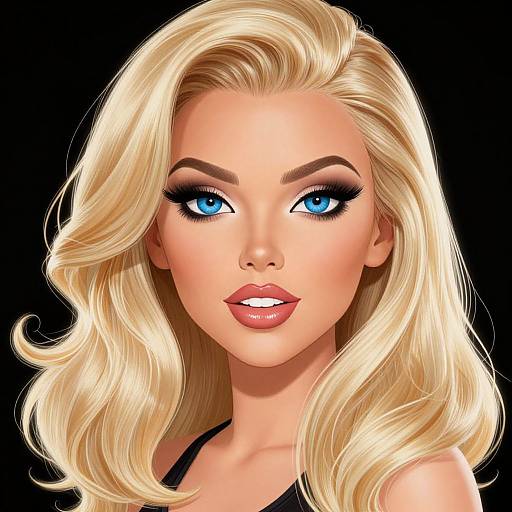 Digital portrait of a blonde woman with striking blue eyes, full pink lips, and wavy hair, set against a black background.