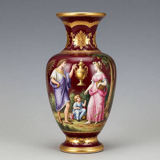 Elegant porcelain vase with gold accents, depicting classical scene of three women and a child around a urn, against a gradient gray background.