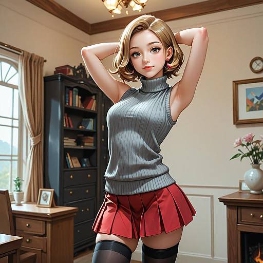 Digital anime-style drawing of a cute blonde woman in a gray sleeveless turtleneck, red pleated skirt, and black stockings, standing confidently in
