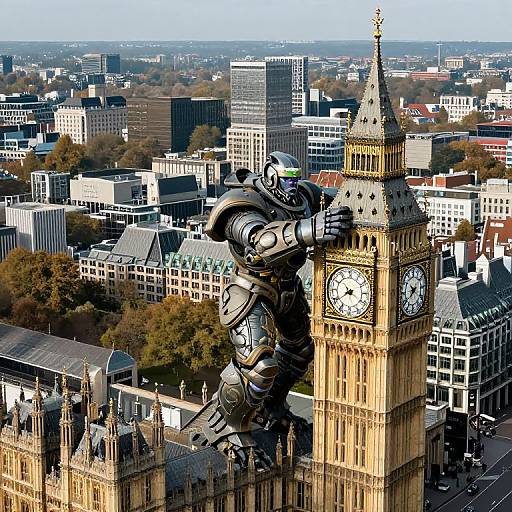 Photograph of a metallic, humanoid robot statue perched on the roof of the London clock tower, with a cityscape backdrop.