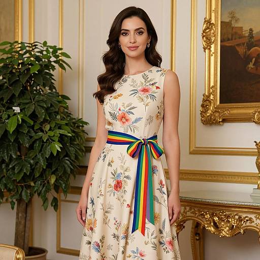 Photograph of a smiling woman with long dark hair, wearing a sleeveless floral dress with a rainbow ribbon, standing in an ornate, gold-fr