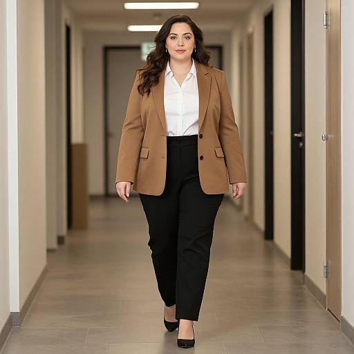 Photograph of a confident woman with long brown hair, wearing a brown blazer, white shirt, black pants, and black heels, walking down a