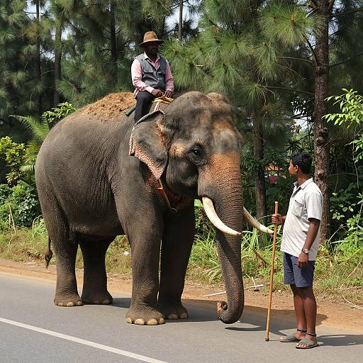 Elephant on Road with Man in Hat