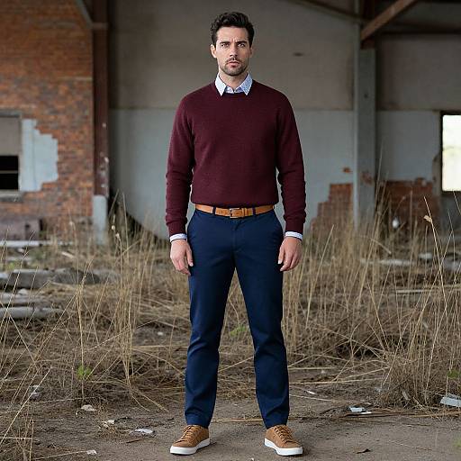 Photograph of a handsome man with short dark hair, light skin, brown sweater, navy pants, white shirt, brown belt, and brown sneakers,